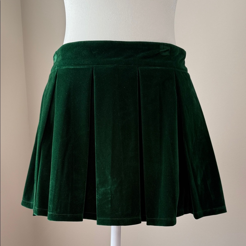 AKIRA Green Velvet Pleated Mini Skirt - St. Patrick’s Day Attire